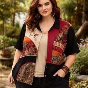 Vtg Y2K Koret Boho Patchwork Button Top Sz 20W Animal Artsy Layered Lagenlook